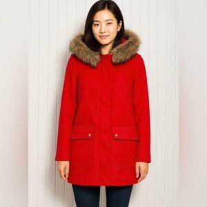 J. Crew Wood Blend Red Coat with Faux Fur Hood size 6